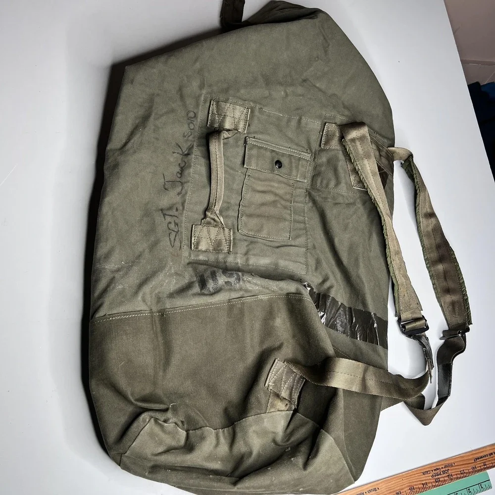 Vintage US Military Canvas Duffel Bag Olive Drab Backpack Sea Bag Sgt Jackson